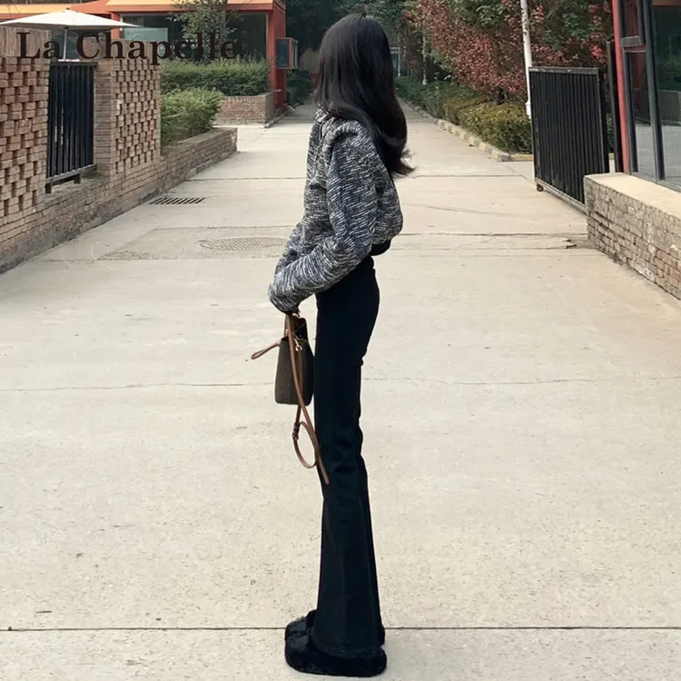 拉夏贝尔黑色加绒微喇牛仔裤女冬2025新款梨形身材显瘦加厚马蹄裤