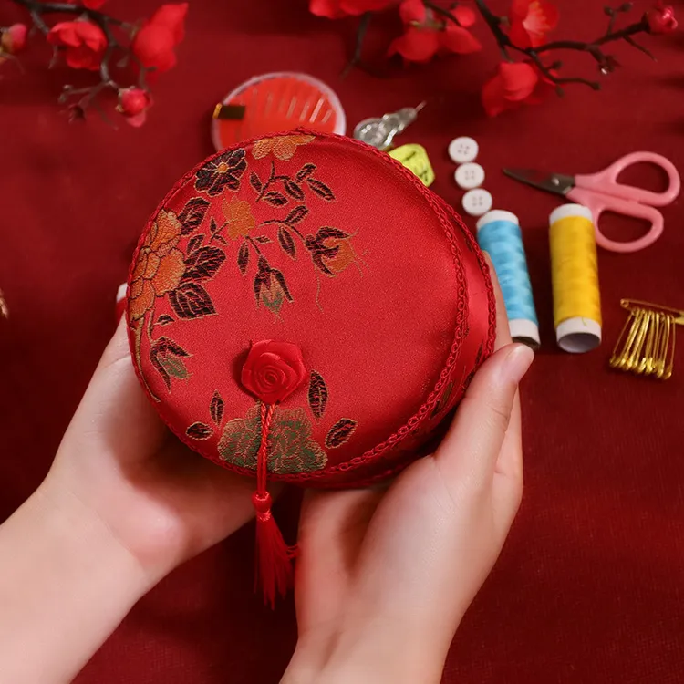 家用婚庆收纳盒圆形锦缎材质陪嫁用品大全套装