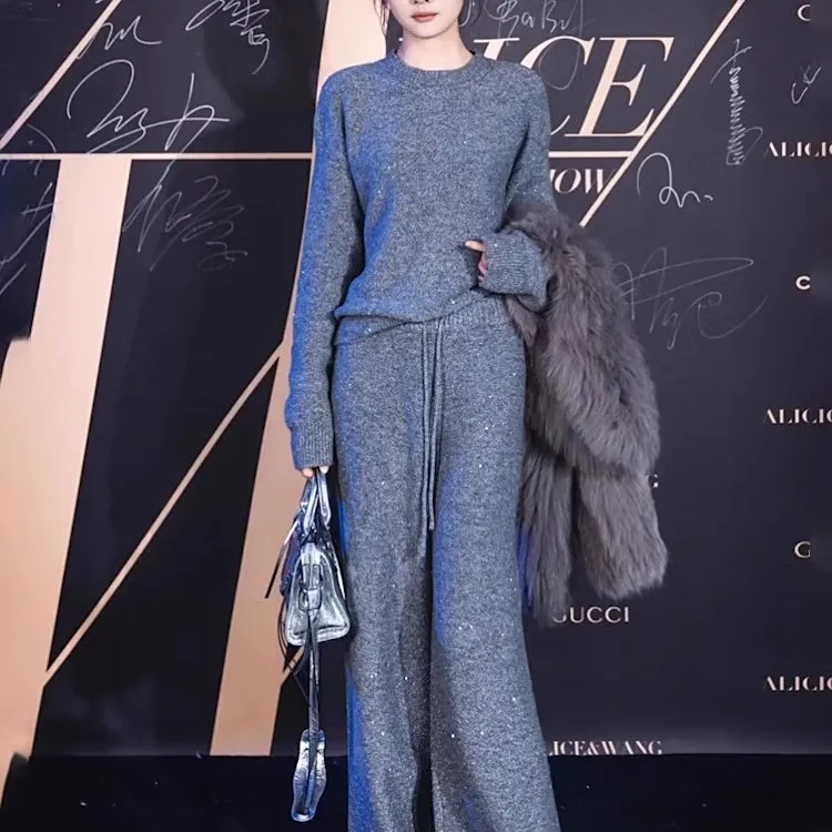 老钱风高级感毛衣套装女春秋2025新款韩版宽松慵懒风针织阔腿裤两