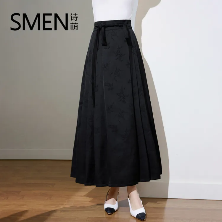 【专柜品质】国风百褶马面裙春夏高腰时尚百搭交叠腰带a字半身裙子