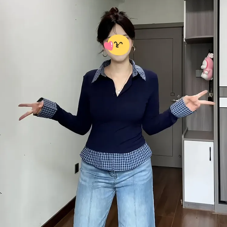 撞色假两件长袖针织开衫女2025早秋新款设计感格子拼接开衫上衣潮