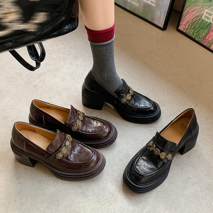 安羽【跟高6.5厘米】春秋时尚百搭黑色复古粗跟厚底英伦风真皮单鞋