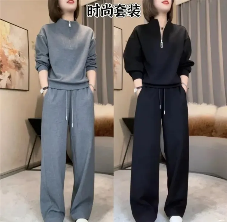 25043减龄休闲时尚运动套装2025秋冬加绒立领卫衣直筒裤两件套