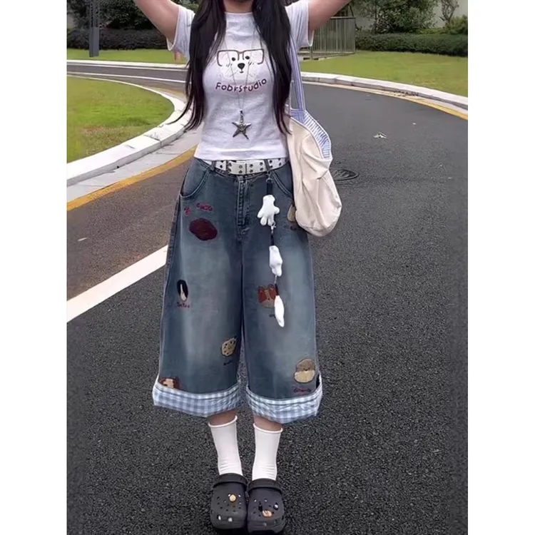 美式复古小狗刺绣牛仔七分裤女夏季格子拼接设计宽松显瘦阔腿中裤