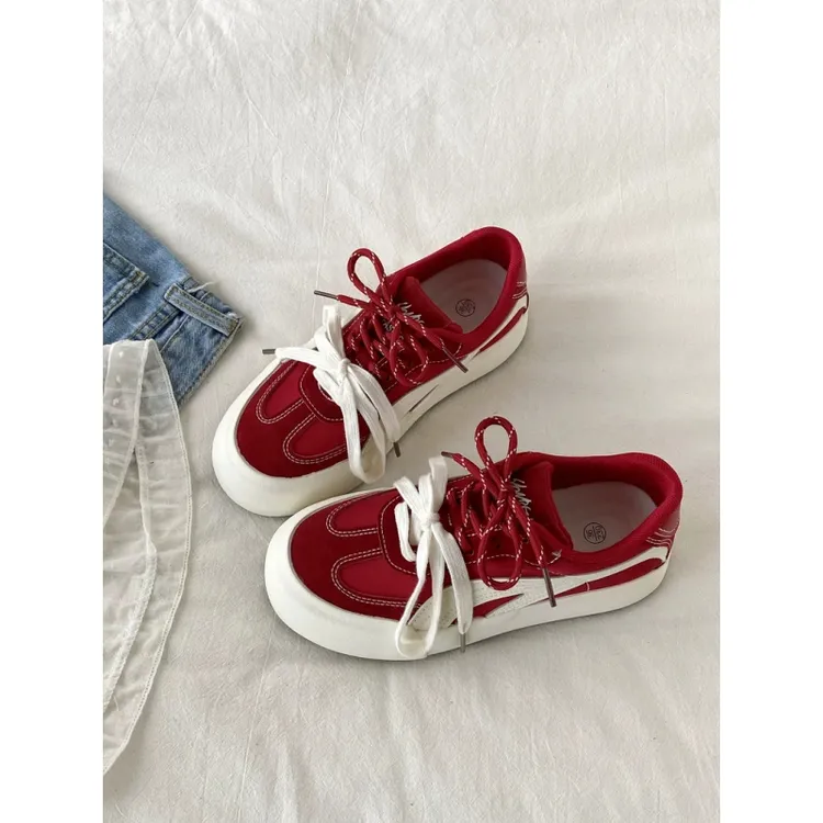 红色小众设计感板鞋2025女款ins潮复古厚底德训鞋百搭休闲运动鞋