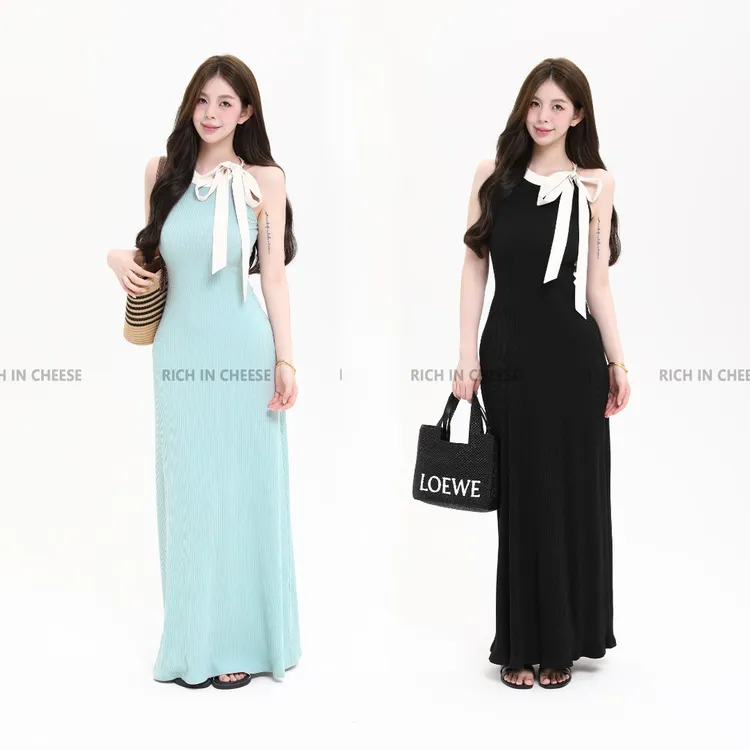 舒胡蕾 海岛日记 千金风撞色拼接系带收腰弹力针织长款连衣裙