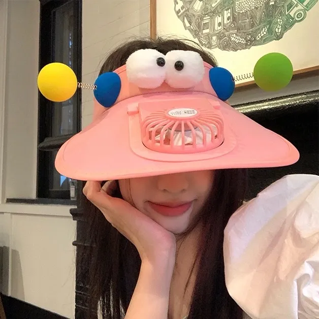 可爱皮洛姆带风扇帽子女款2024新款夏季空顶帽防紫外线遮阳帽