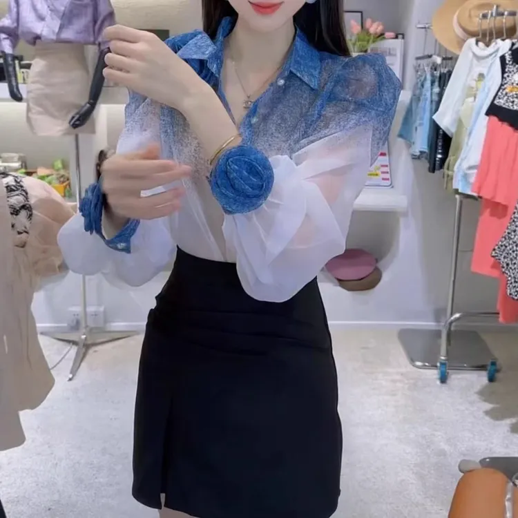 新款洋气立体花薄款衬衫包臀显瘦半身裙女装