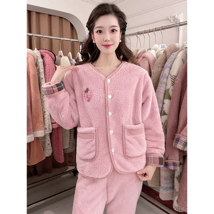 睡衣女2025年冬季新款保暖圆领女士加绒加厚可外穿家居服两件套