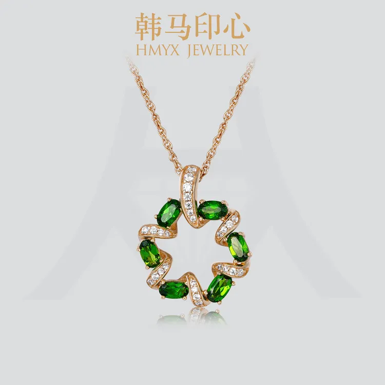 韩马印心天然透辉石项链花环圆形吊坠轻奢小众设计优雅项坠华丽