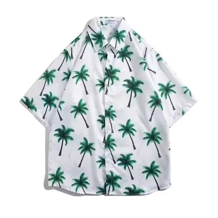 东南亚夏威夷短袖花衬衫五分袖男女同款情侣沙滩度假夏季碎花衬衣