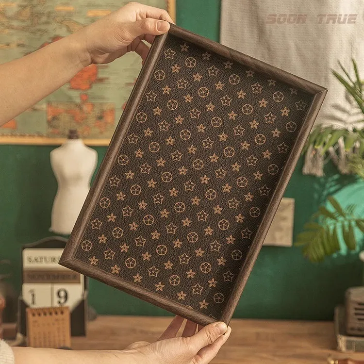 中古复古长方形桌面首饰摆件钥匙玄关收纳盒轻奢皮革茶盘托盘家用