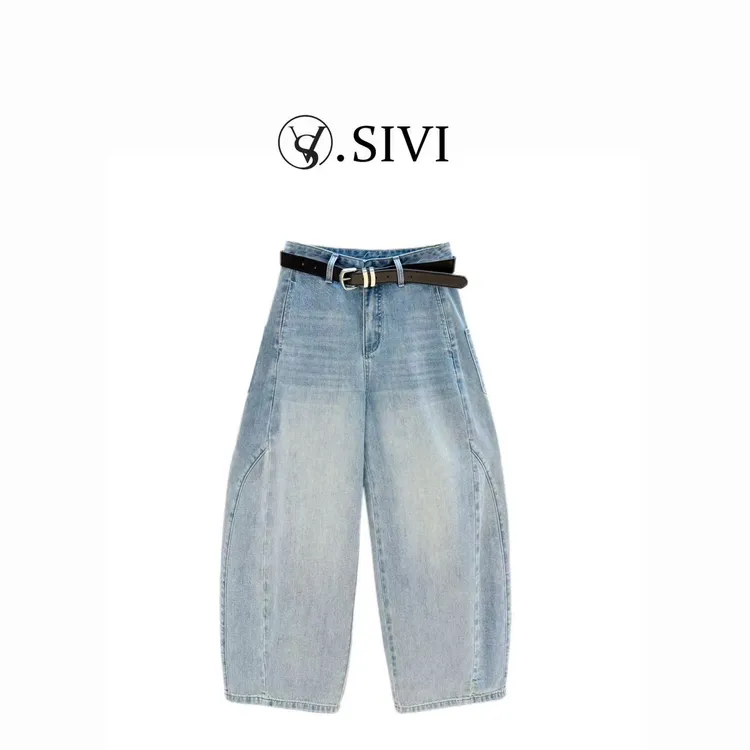 熙薇【旧港微风】蓝色时尚潮流牛仔裤休闲花苞工装牛仔八分裤H3249