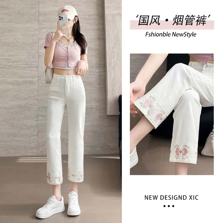 国风刺绣烟管裤九分牛仔裤女显瘦小个子白色高腰夏季开叉薄款宽松