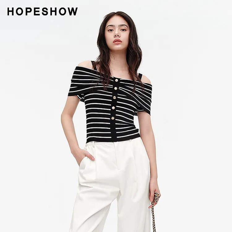 红袖夏季2025新款女装 条纹蝴蝶结一字肩吊带针织衫89124180114