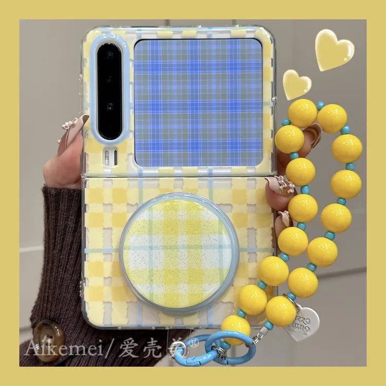 适用华为purax典藏版折叠屏手机壳pocket2蓝黄格纹磁吸支架链条女