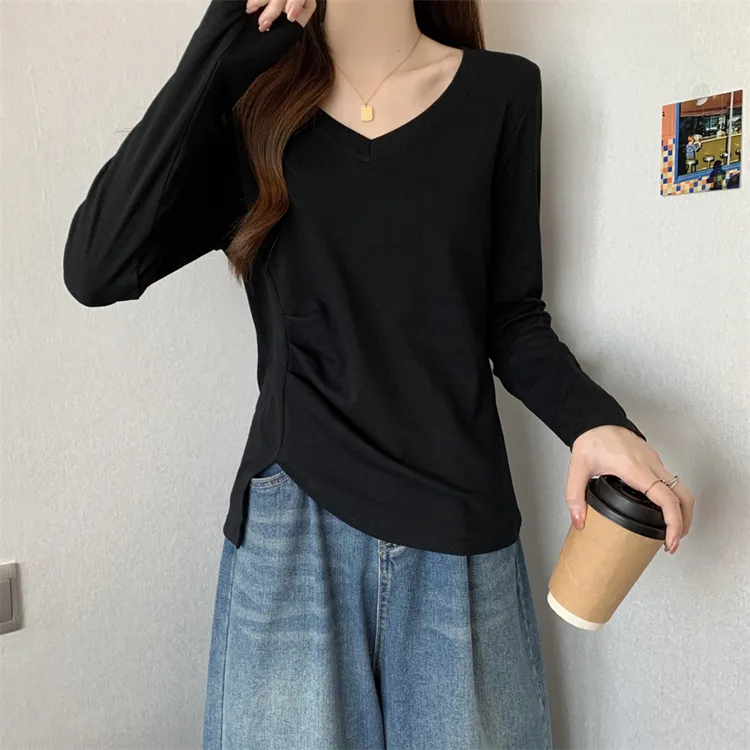 不规则褶皱v领长袖t恤女装早春秋季遮肚子显瘦辣妹正肩上衣打底衫