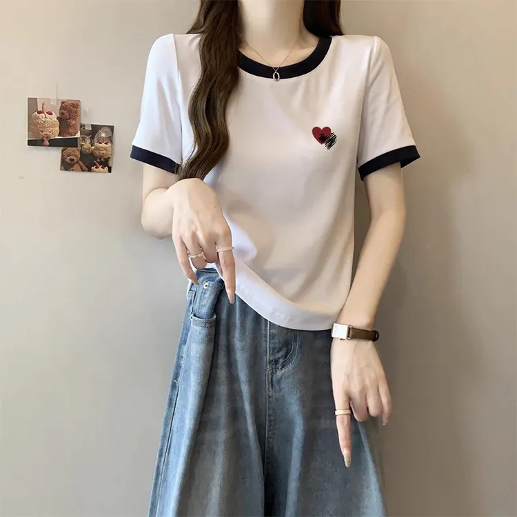 2025夏季女款上衣正肩圆领拼色短袖t恤时尚百搭修身显瘦休闲内搭