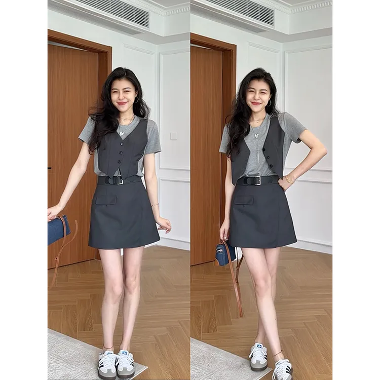 【现货】张阿星休闲通勤气质A飒假两件拼接设计感修身上衣+遮肉裙裤