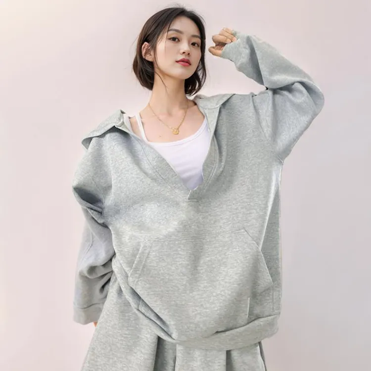 2025姐妹装ins慵懒风时尚潮流口袋大V领休闲百搭韩版宽松连帽卫衣