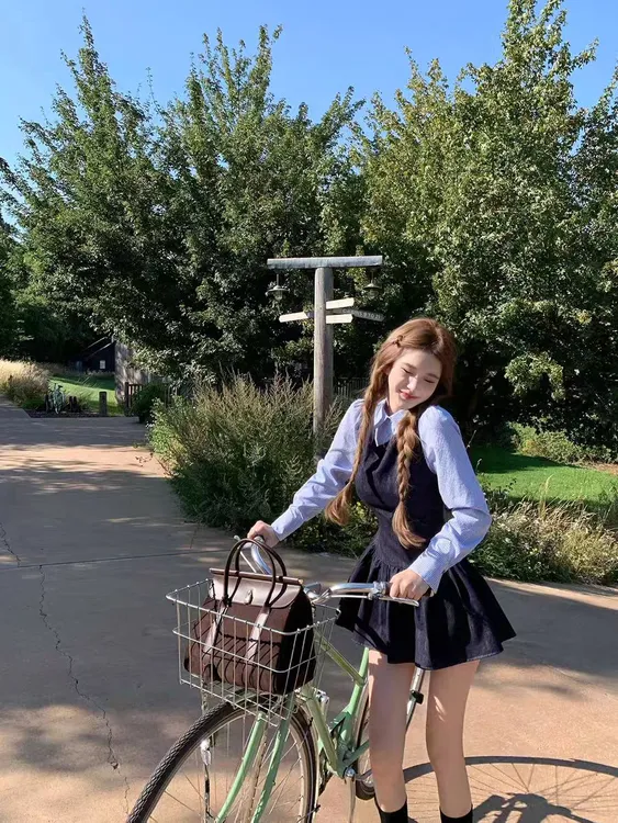 JMSHOP 鬼马女高 学院风原色背心连衣裙条纹衬衫内搭两件套套装