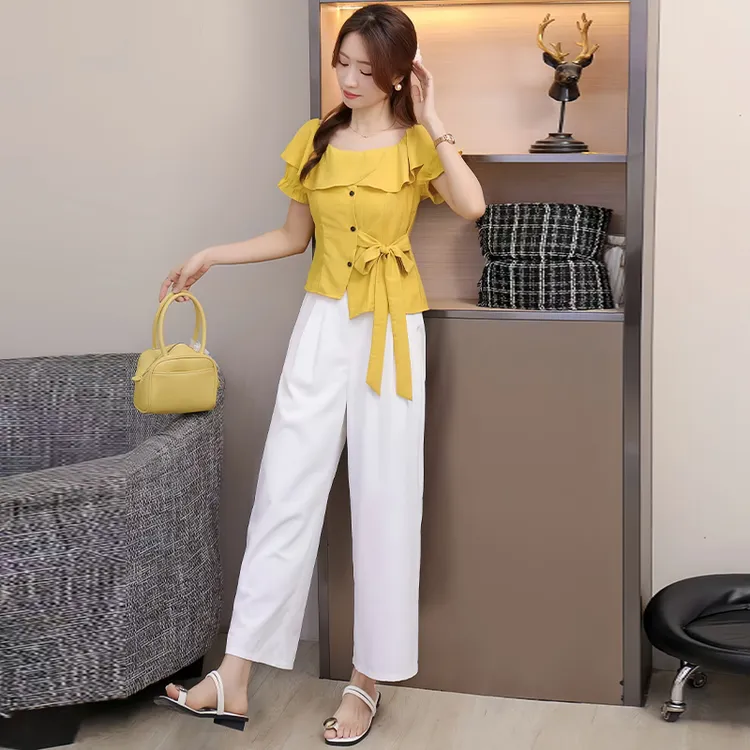 时尚度假风套装女2025夏季新款减龄气质方领系带上衣阔腿裤两件套