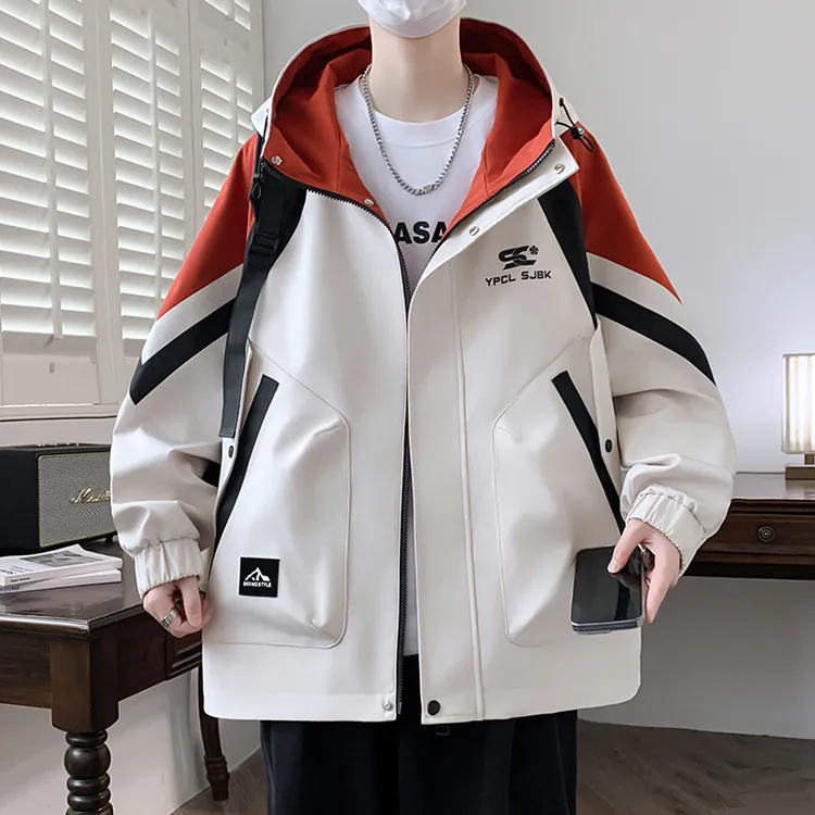 秋季新款外套男潮流帅气休闲夹克连帽工装外套拼色字母夹克