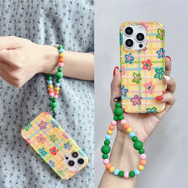 多巴胺油画格纹小花手链珠适用苹果15/14/13手机壳iphone16promax
