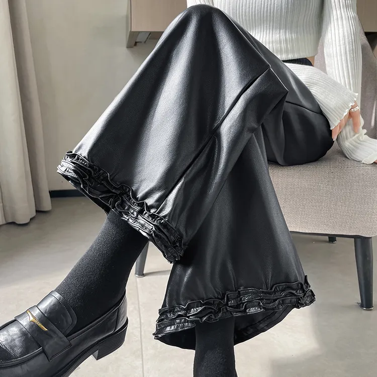 木耳花边九分皮裤女2025秋冬季潮酷皮阔腿裤直筒休闲裤女L3525