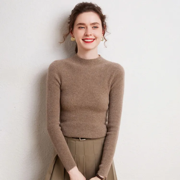 2025秋冬新款100%山羊绒衫女半高领修身抽条套头毛衣打底衫针织