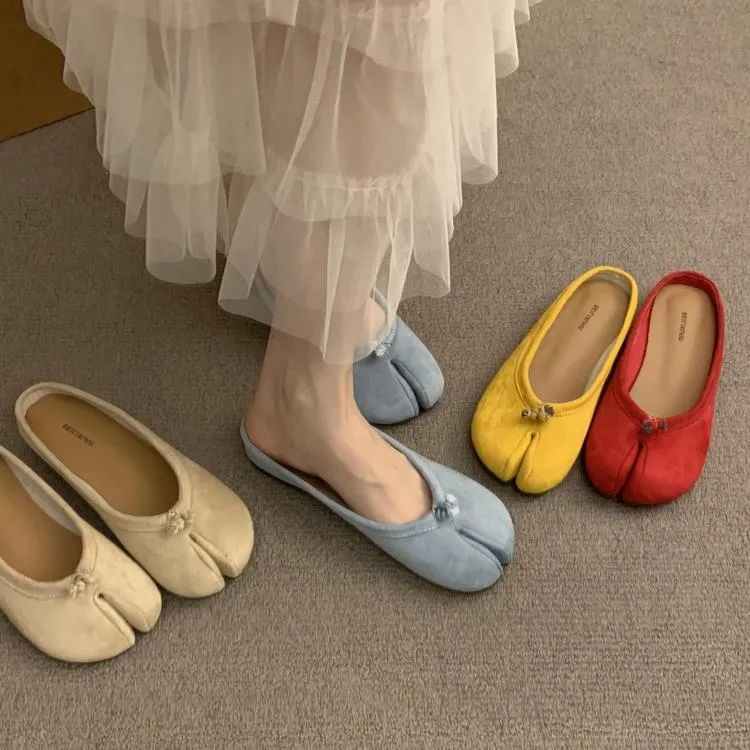 复古小众蓝色包头半拖鞋女外穿懒人一脚蹬分趾猪蹄鞋绒面芭蕾舞鞋