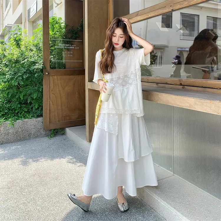 蕾丝拼接不规则T恤半身裙套装女夏日绝美流行超火爆款两件套洋气