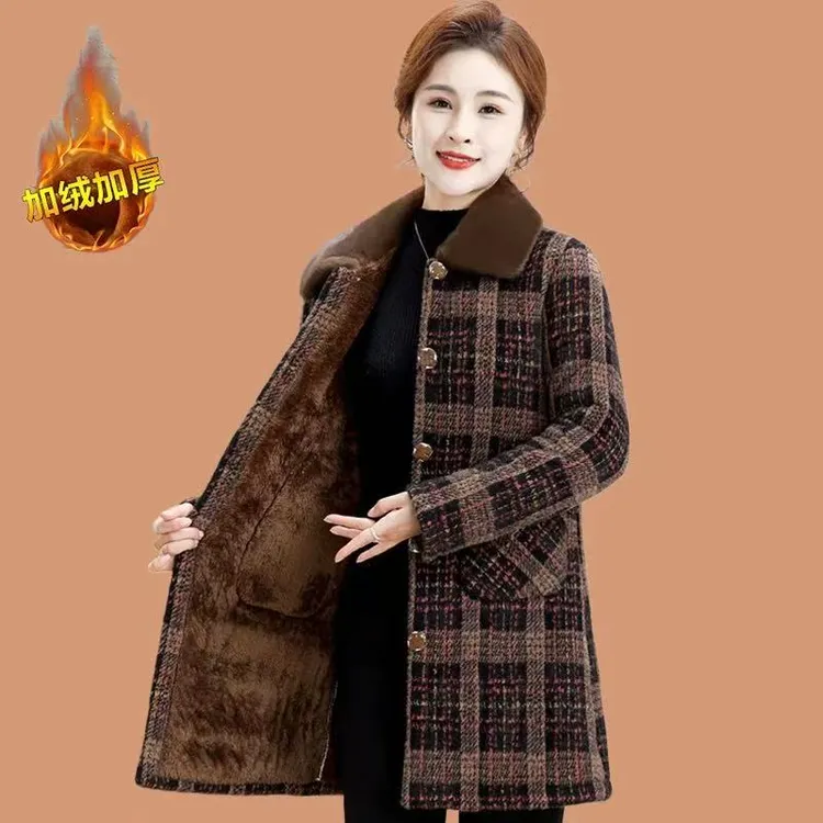 中老年洋气格子中长款毛呢大衣女2025冬季显瘦加绒加厚大码外套