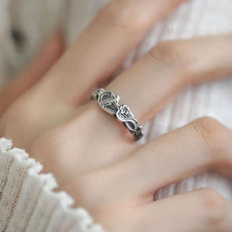 足银玻璃戒指新中式足银复古浮雕樱花小狐狸开口纯银戒指女古风精