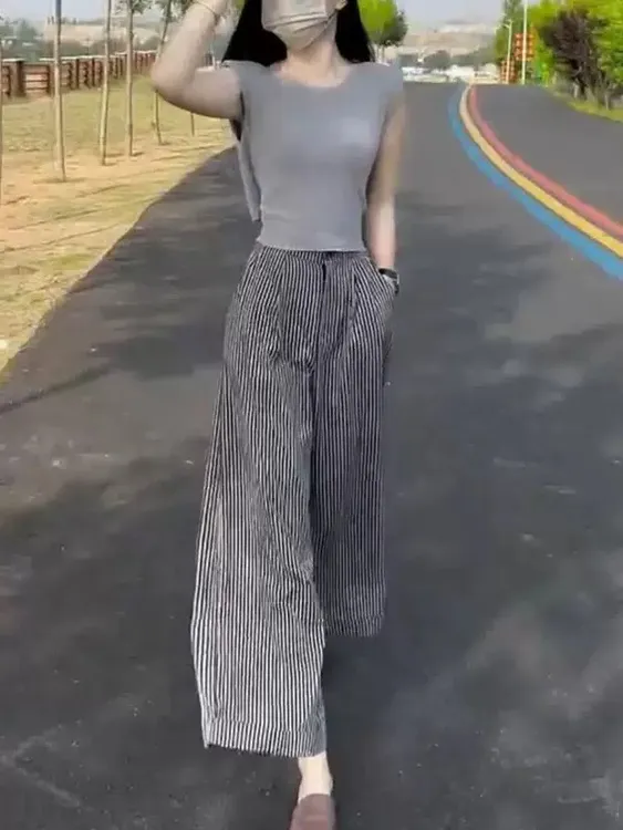 夏季新款纯色无袖修身上衣条纹休闲阔腿裤女装d