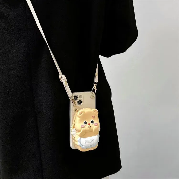 天使小熊零钱包手机壳适用苹果/华为/oppo/vivo斜挎绳小米保护壳