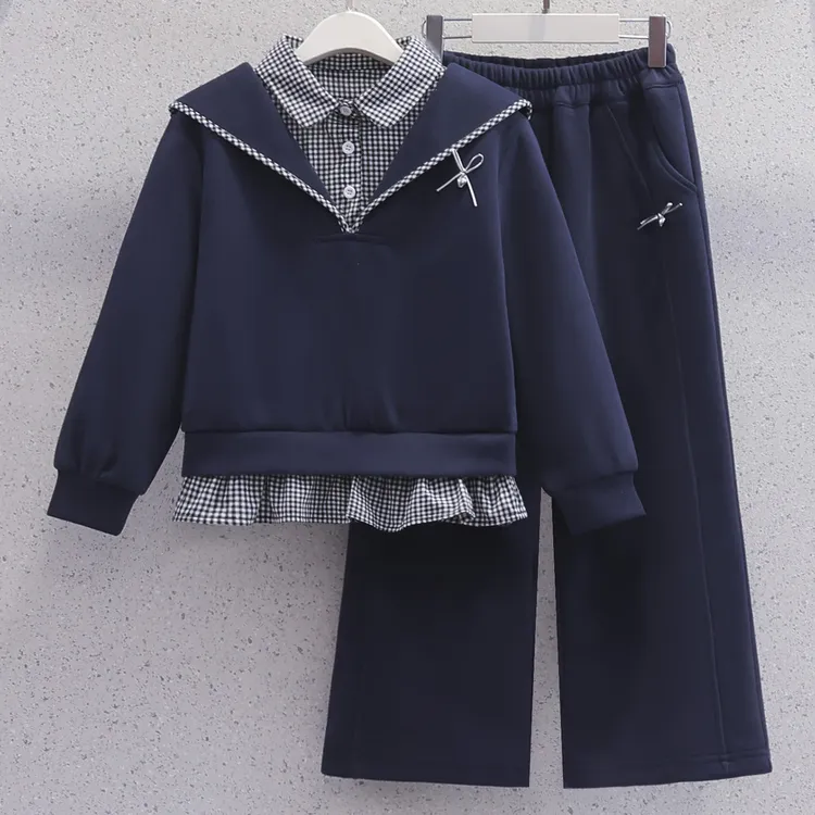女童卫衣卫裤套装春秋季2025新款儿童假两件格子运动服休闲两件套