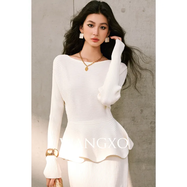 WANGXO 一字肩收腰伞摆上衣＆直筒长款半裙套装2501098W