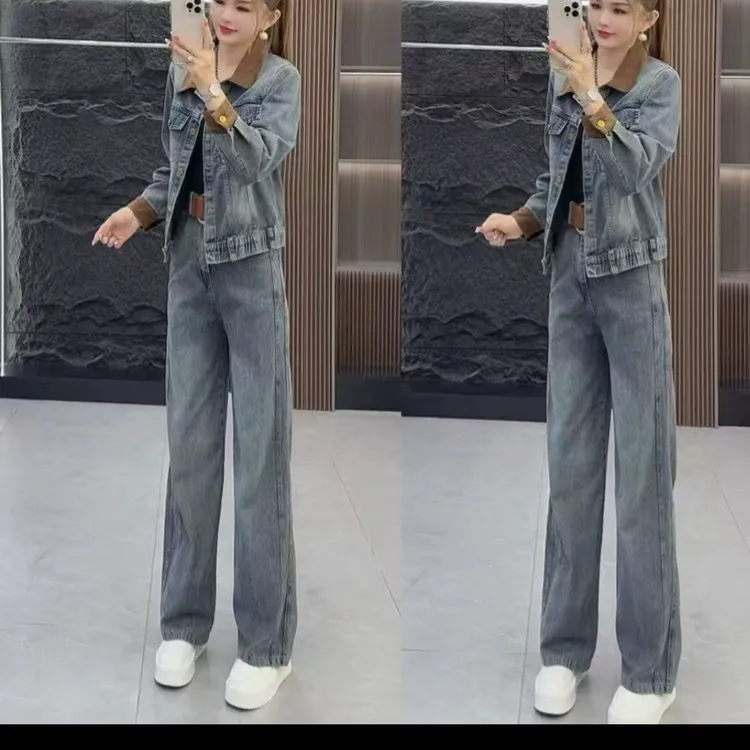 2025春秋季爆款欧货时尚复古牛仔短外套高腰阔腿裤两件套显高显瘦