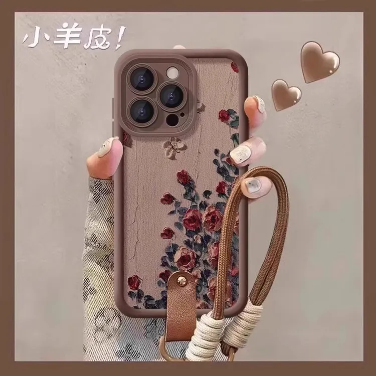 油画玫瑰适用苹果16promax手机壳iPhone15全包小羊皮14plus防摔13