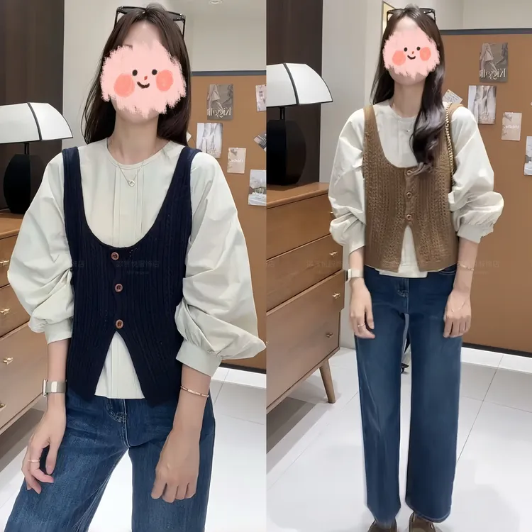 2025早秋新款韩版轻奢松弛感贵气高级感衬衫加针织马甲百搭牛仔裤