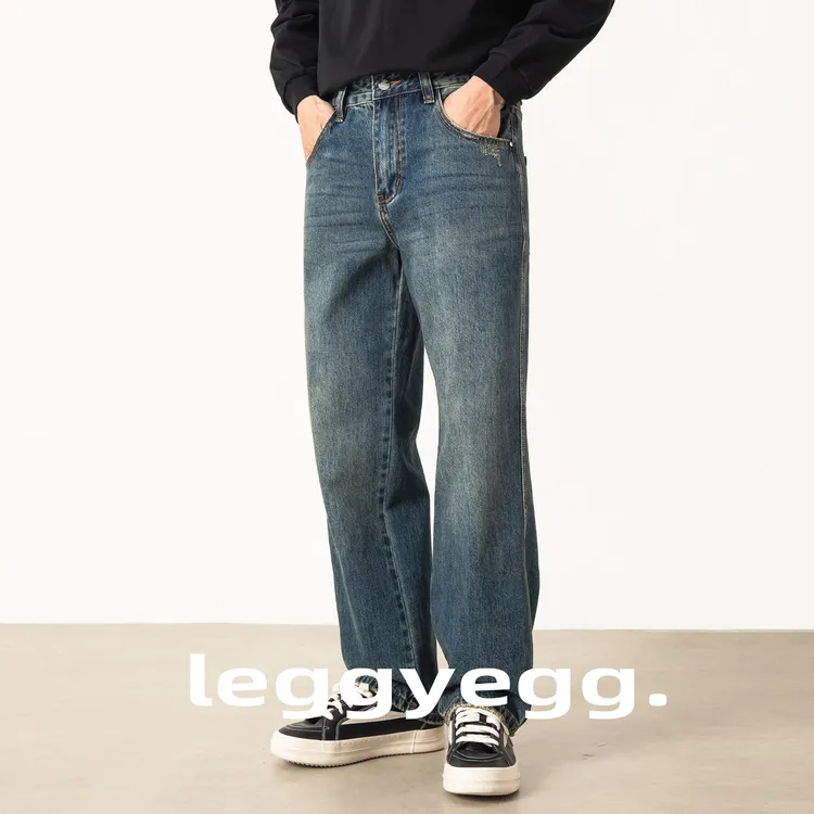 深蓝色高端牛仔裤男直筒宽松美式复古潮牌休闲百搭大码青少年裤子