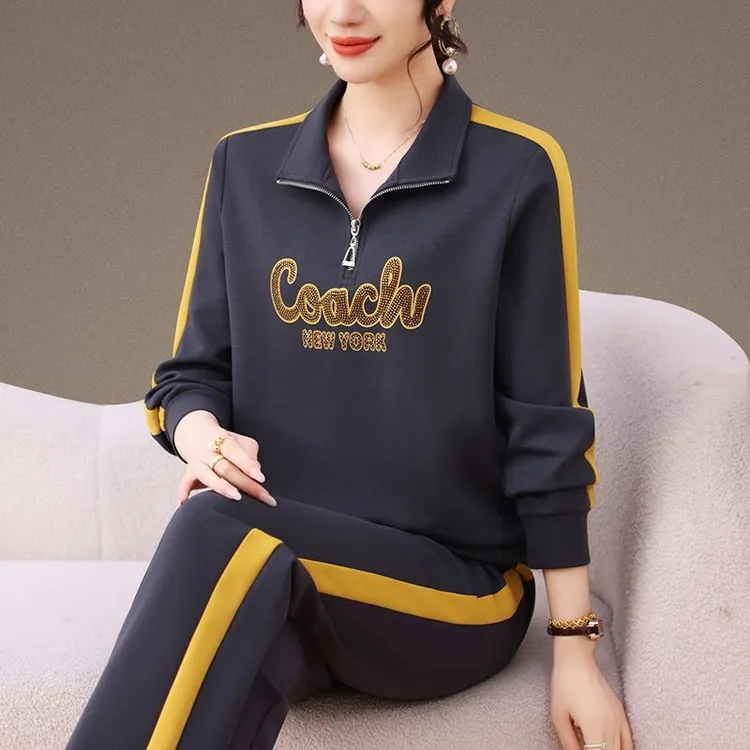 洋气妈妈时尚休闲立领运动服套装春秋季新款烫钻显瘦跑步两件套潮