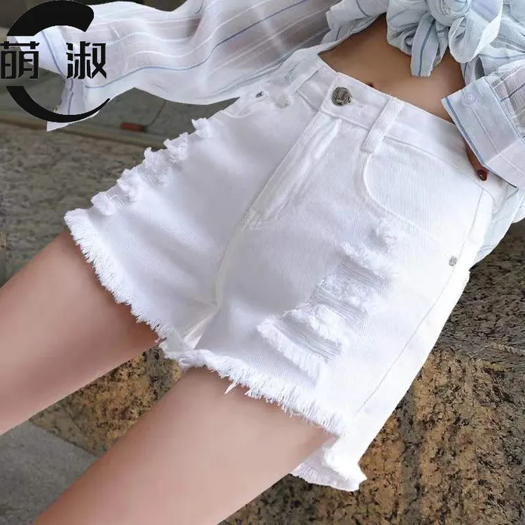 白色破洞牛仔短裤女夏高腰2025年薄款薄款显瘦大码毛边热裤阔腿裤