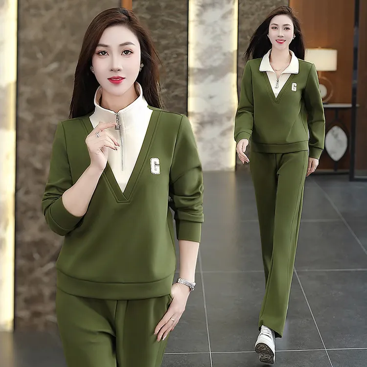 撞色立领半拉链气质春秋款女装卫衣两件套休闲直筒裤宽松显瘦套装