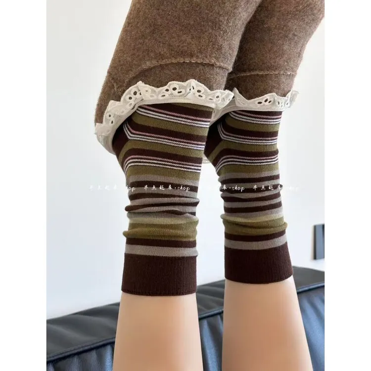 【早点起床shop】早秋氛围感慵懒复古撞色多巴胺条纹学院风中筒袜