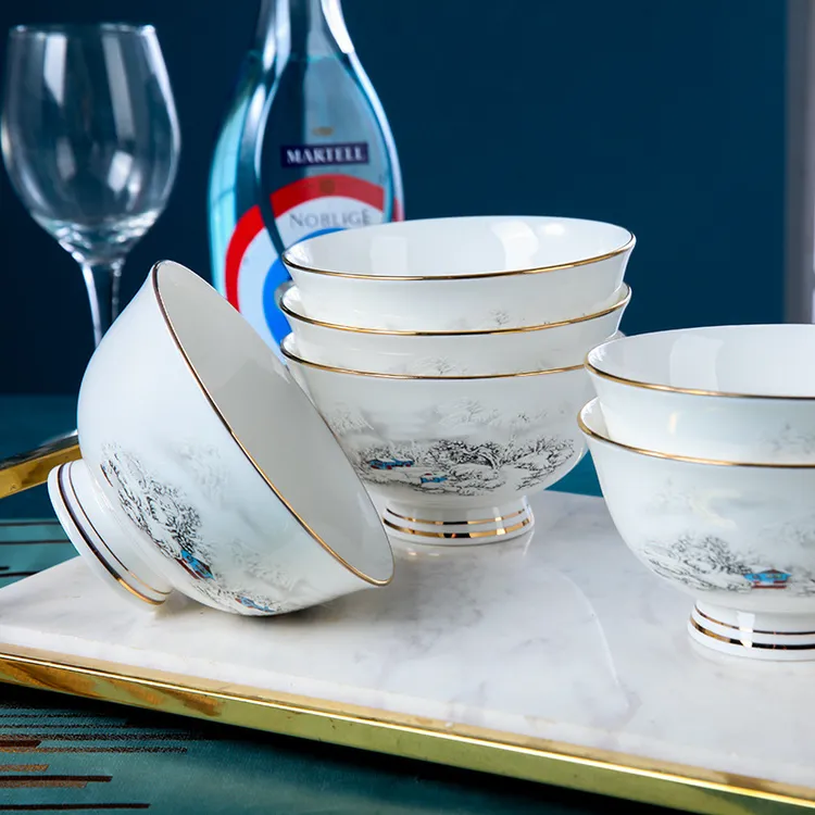 景德镇骨瓷餐具家用轻奢现代欧式手工描金自用送礼乔迁碗碟勺套装