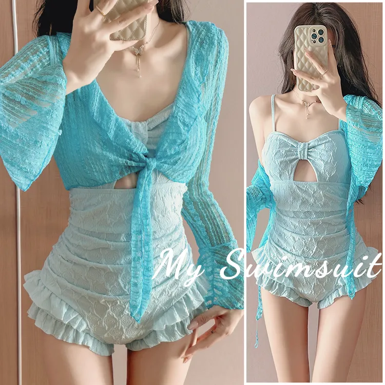 泳衣女款连体长袖两件套纯色遮肚显瘦纯欲风长袖温泉海边度假泳装