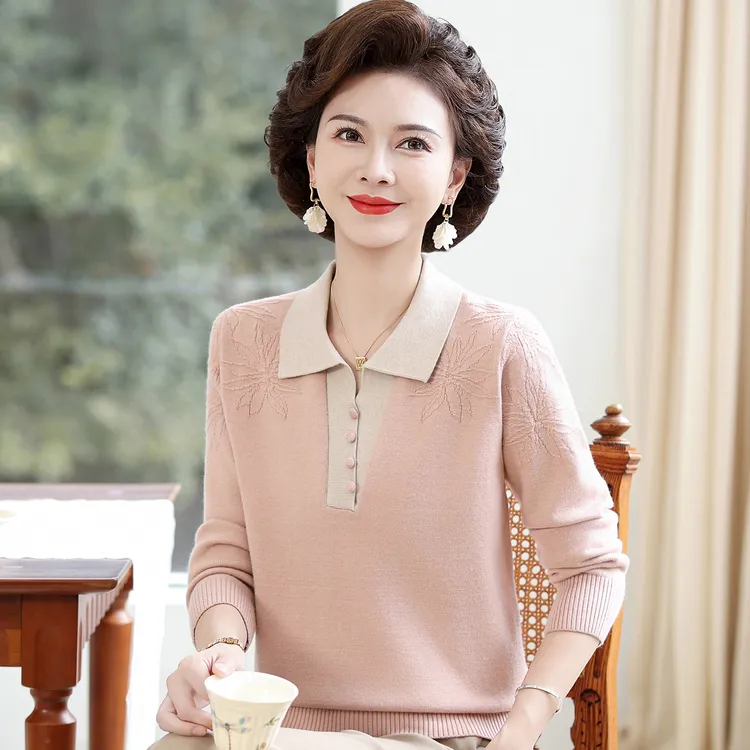 时尚妈妈秋装洋气翻领打底上衣中老年女秋季新款毛衣减龄针织小衫