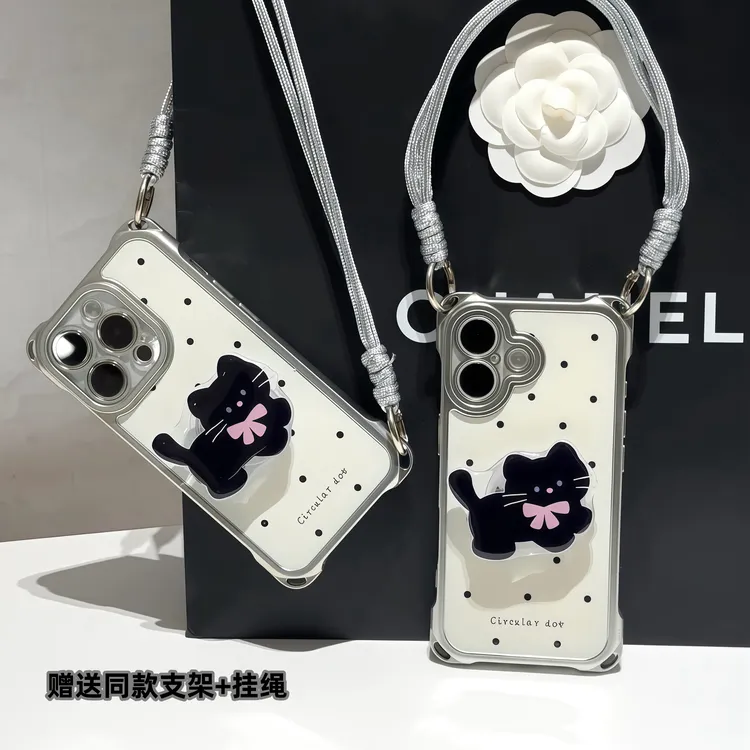 黑猫支架挂绳适用iPhone苹果16手机壳华为p70vivoppo小米15软套14